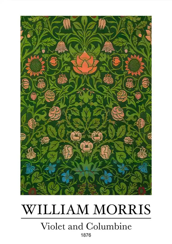 De afbeelding toont een gedetailleerd bloementextielpatroon met de titel "ccc 131 - bekende schilders" van CollageDepot uit 1876. Het ontwerp bevat verschillende bloemen en bladeren in de kleuren groen, rood, roze, bruin en blauw, symmetrisch gerangschikt op een groene achtergrond.-