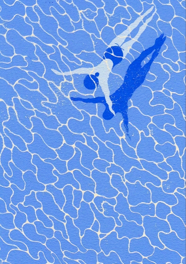 Een abstract blauw-wit kunstwerk van CollageDepot De Blauwe Zwemmer Schilderij toont twee figuren die onder water zwemmen. Het patroon lijkt op waterrimpelingen met in elkaar grijpende onregelmatige witte lijnen op een blauwe achtergrond. De centrale zwemmer bevindt zich in een gestroomlijnde positie en werpt een donkerblauwe schaduw.-