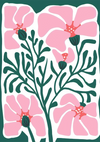 Illustratie van roze bloemen met groene knoppen en bladeren op een donkergroene achtergrond. De bloemen hebben elk vijf bloembladen en zijn verbonden door slanke, vertakte stengels uit CollageDepot's product 061 - bestsellers.-