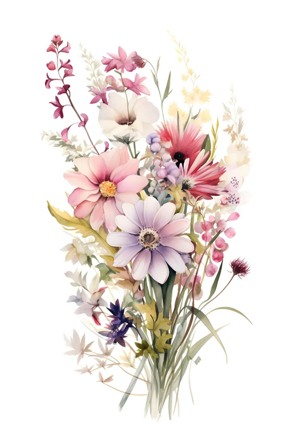 Een aquarelillustratie van een boeket met een verscheidenheid aan bloemen. Het boeket bestaat uit madeliefjes, klaprozen en andere wilde bloemen in de kleuren roze, paars, wit en geel, tegen een effen witte achtergrond. Maak kennis met aba 005 - bloemen van CollageDepot.-