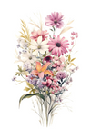 Een boeket met verschillende bloemen, waaronder roze madeliefjes, witte madeliefjes, een oranje lelie en andere kleine paarse en witte bloemen. Het arrangement doet denken aan een delicate botanische illustratie tegen een effen witte achtergrond. Maak kennis met Variërende Bloemen Schilderij van CollageDepot.-