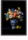 Een prachtig ingelijst Delfts Blauw Bloemen Vaas Schilderij van CollageDepot toont een blauw-witte keramische vaas boordevol kleurrijke bloemen (gele, roze, witte en blauwe bloemen) tegen een grimmige zwarte achtergrond. Sommige bloemen vallen sierlijk uit de vaas op het oppervlak. Deze elegante wanddecoratie is voorzien van een handig magnetisch ophangsysteem.,Zwart-Zonder,Lichtbruin-Zonder,showOne,Zonder