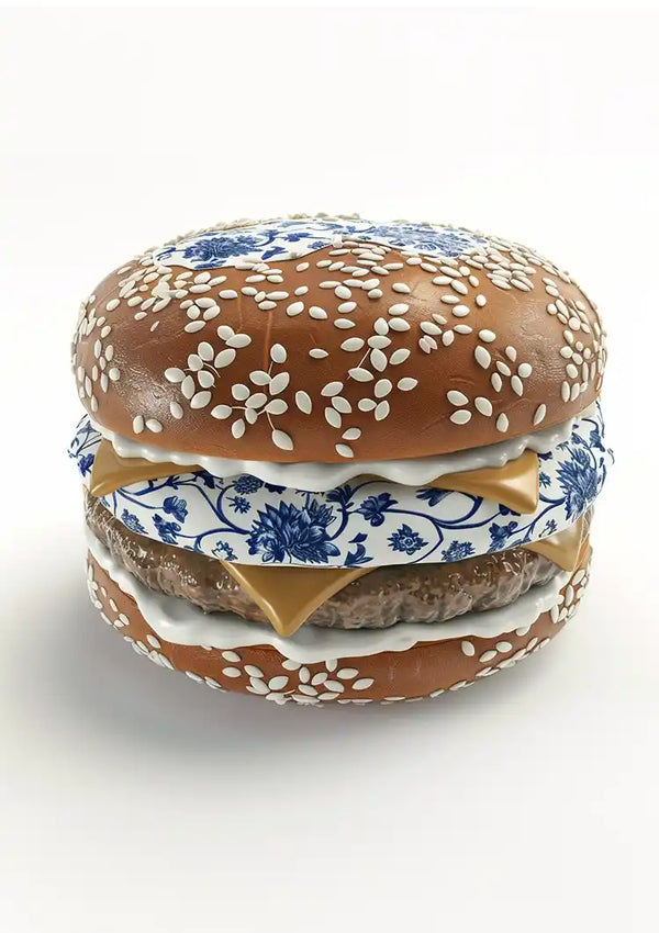 De afbeelding toont een hamburger met een ongewone twist: het broodje en de vulling zijn gemaakt van keramiek met ingewikkelde blauwe bloempatronen. De bovenste en onderste broodjes, evenals de kaas en het pasteitje, lijken van keramiek te zijn en lijken op traditionele porseleinen ontwerpen uit de collectie abb 002 - delfts-blauw van CollageDepot.-