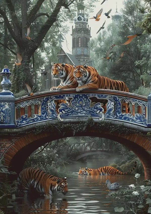 Twee tijgers rusten op een porseleinen brug met patronen over een rivier. Een andere tijger waadt in het water beneden. De scène speelt zich af in een dicht bos met vliegende vogels, en op de achtergrond is een gebouw met een klokkentoren zichtbaar: een prachtig Tijgers op een porseleinen brug-schilderij van CollageDepot, klaar om tentoongesteld te worden met een magnetisch ophangsysteem.