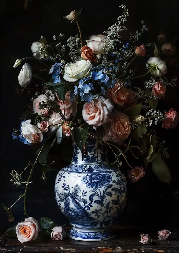 Een decoratieve vaas van blauw en wit keramiek, CollageDepot's abb 013 - delfts-blauw, bevat een arrangement van verschillende bloemen, waaronder witte en roze rozen, blauwe bloemen en groen. Sommige bloemen en bloemblaadjes liggen verspreid over de vaas. De achtergrond is donker en benadrukt het bloemendisplay.-