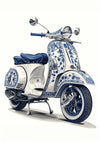 Een Delfts Blauw Vintage Scooter-schilderij van CollageDepot, versierd met ingewikkelde blauwe bloemendecoraties, wordt getoond tegen een effen achtergrond. De ontwerpdetails zijn te zien op het frame, het voorspatbord en andere delen van de scooter. Hij heeft een blauwe zitting en blauwe details op de wielen.