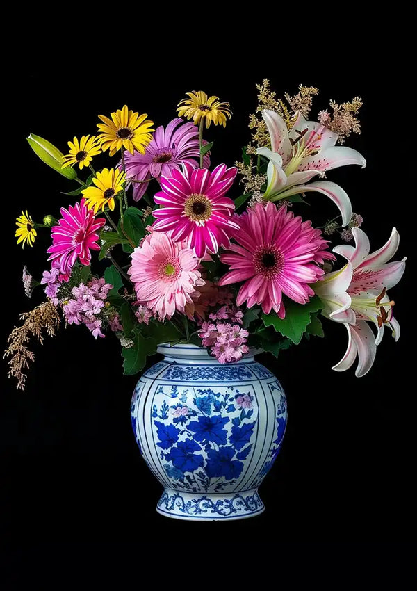 Een decoratieve blauw-witte keramische vaas bevat een kleurrijk bloemenarrangement met roze gerberamadeliefjes, gele margrietachtige bloemen en witte lelies, afgezet tegen een zwarte achtergrond zoals het CollageDepot Delfts Blauw Bloemen In Vaas Schilderij.