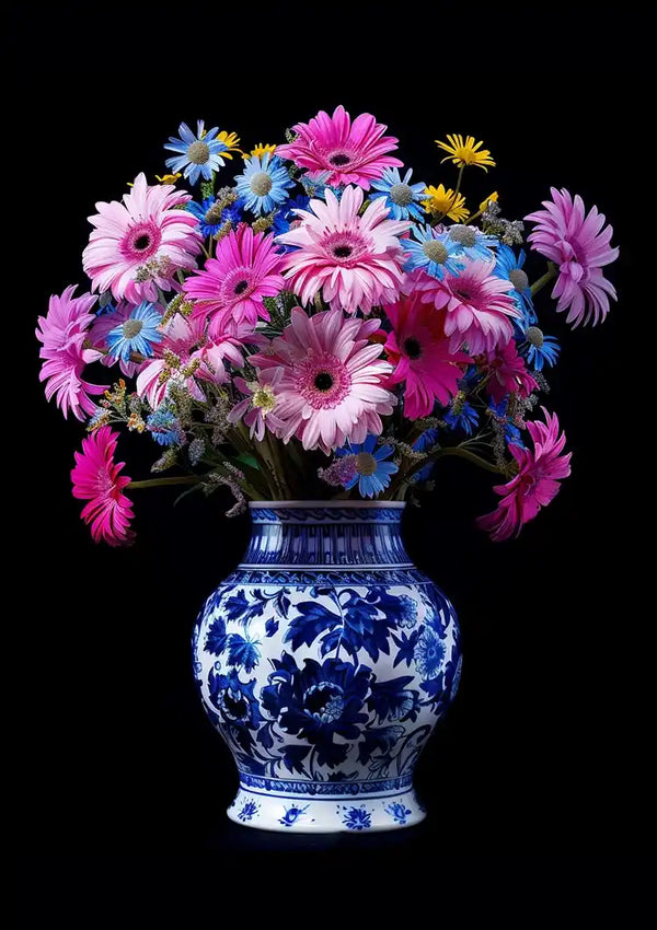 Een blauw-witte porseleinen vaas, een prachtig stukje wanddecoratie, bevat een levendig boeket bloemen, waaronder roze madeliefjes, gele madeliefjes en kleine blauwe bloemen, tegen een zwarte achtergrond. Het Delfts Blauw Bonte Bloemenpracht In Vaas Schilderij van CollageDepot heeft ingewikkelde bloempatronen die de kleurrijke bloemen prachtig aanvullen.