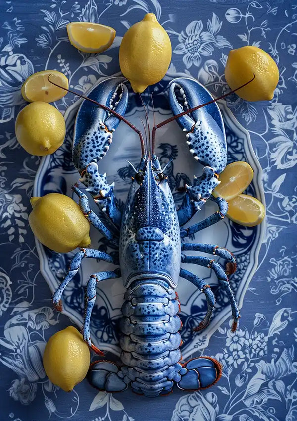Een blauwe kreeft wordt op een bord met patroon geplaatst, omringd door hele en gehalveerde gele citroenen. Op de achtergrond is een CollageDepot aab 329 Delfts blauw aangebracht, waardoor een visueel opvallend contrast ontstaat met de kreeft en citroenen.-