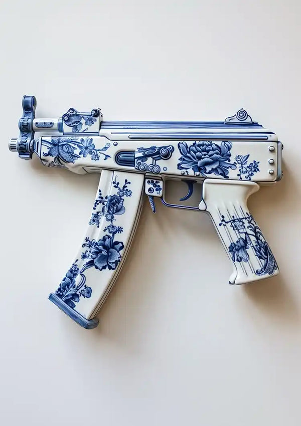 Een CollageDepot aab 332 Delfts blauw met een sierlijk blauw en wit bloemmotief op het oppervlak. Het ingewikkelde patroon lijkt op traditionele porseleinkunst en contrasteert met de vorm van het wapen. De achtergrond is effen en gebroken wit.-