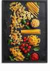 Een assortiment droge pasta is uitgespreid op een donker oppervlak, met verschillende pastasoorten zoals vlinderdas, ring, lang, schaal en spiraal. Als aanvulling op deze display zijn kerstomaatjes, verse basilicumblaadjes, twee kleine kommen geraspte kaas en een kom marinarasaus - Pasta Display Schilderij van CollageDepot zorgt voor een heerlijke wanddecoratie voor elke keuken.,Zwart-Zonder,Lichtbruin-Zonder,showOne,Zonder