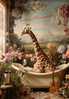 Een surrealistisch tafereel van een giraffe die in een witte badkuip zit, omringd door verschillende bloemen en planten. De kamer bevat ook twee pinguïns, kroonluchters en een gitaar. Op de muur achter het bad is een geschilderde muurschildering te zien met de aab 004 - exclusives van CollageDepot.-