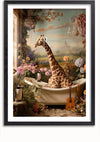 Een ingelijste Giraffe In A Bathtub Schilderij toont een giraffe die in een badkuip zit, omringd door verschillende planten, bloemen en twee pinguïns. Naast het bad staat een gitaar en op de achtergrond is een pastoraal landschapsschilderij te zien. Deze unieke wanddecoratie van CollageDepot kan eenvoudig worden tentoongesteld door middel van een magnetisch ophangsysteem.,Zwart-Met,Lichtbruin-Met,showOne,Met