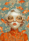 Een jongere met kort wit haar, een grote ronde bril en een outfit met oranje patronen, wordt omringd door verschillende goudvissen. De achtergrond is versierd met een bloemmotief in gedempte tinten, met **aab 006 - exclusives** van **CollageDepot**.-