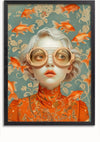 Een gestileerd, surrealistisch schilderij van een vrouw met kort wit haar en een grote ronde bril. Ze wordt omringd door goudvissen en sierlijke bloemenpatronen op een blauwgroen achtergrond. De vrouw draagt een oranje topje met ingewikkelde ontwerpen. Deze levendige wanddecoratie wordt zwart ingelijst geleverd en bevat een magnetisch ophangsysteem van CollageDepot genaamd Kind Tussen De Goudvissen Schilderij.,Zwart-Zonder,Lichtbruin-Zonder,showOne,Zonder