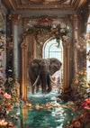 Een olifant loopt door een grandioze, rijkelijk versierde kamer met marmeren zuilen en een grote boog. De vloer is gedeeltelijk ondergedompeld in water, versierd met drijvende bloemen. Er zijn ingewikkelde gouden details door de hele kamer, met de aab 009 - exclusief van CollageDepot.-