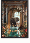 Een digitaal kunstwerk toont een **Olifant in Fantasy Room Schilderij** van **CollageDepot** in een paleisachtige kamer, weelderig met sierlijke decoraties. Water stroomt rond de voeten van de olifant en overal bloeien bloemen. Op de achtergrond zijn een grote, verfraaide spiegel en een gebogen deuropening zichtbaar.,Zwart-Zonder,Lichtbruin-Zonder,showOne,Zonder