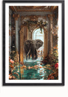 Een ingelijst stuk wanddecoratie met een majestueuze Olifant In Fantasy Room Schilderij van CollageDepot, staande in een rijkelijk versierde kamer met sierlijke zuilen en een grote, weelderige spiegel. De olifant is gedeeltelijk ondergedompeld in een waterplas omringd door kleurrijke bloemen en weelderig groen, perfect voor elke ruimte met zijn magnetisch ophangsysteem.,Zwart-Met,Lichtbruin-Met,showOne,Met