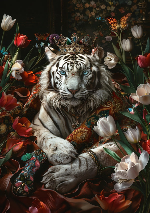 Een witte tijger, versierd met een kroon met juwelen, leunt achterover tussen levendige tulpen en vlinders. De tijger is gedrapeerd in koninklijke stof met een patroon en omgeven door een mengsel van rode, roze, witte en oranje bloemen. Maak kennis met het CollageDepot aab 010 - exclusief.-