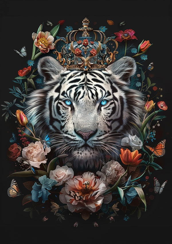 CollageDepot's aab 012 - exclusives bevat digitale kunstwerken van een witte tijger met blauwe ogen en een kroon versierd met bloemen. Op de achtergrond zijn verschillende bloemen en vlinders te zien, waardoor een decoratief kader rond de kop van de tijger ontstaat. Het gehele beeld is geplaatst tegen een donkere achtergrond.-