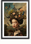 Een ingelijst Dame La Fleur Schilderij van CollageDepot toont een jonge vrouw met gedetailleerd haar versierd met bloemen, bladeren, vogels en een vogelkooi. Haar uitdrukking is plechtig en op de achtergrond is een landschap met een rivier en bomen te zien. De algehele stijl is surrealistisch en gedetailleerd.,Zwart-Met,Lichtbruin-Met,showOne,Met