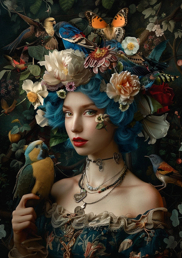 Een vrouw met blauw krullend haar en rode lippen draagt een bloemenkroon versierd met verschillende bloemen, vogels en vlinders. Ze is gekleed in een sierlijke jurk in vintage-stijl en houdt een gele en groene vogel aan haar vinger, met een gedetailleerde achtergrond met een natuurthema. Dit boeiende beeld geeft perfect de essentie weer van de "aab 014 - exclusives" van CollageDepot.-