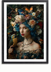 Een ingelijst Flower Lady-schilderij van CollageDepot met een afbeelding van een vrouw met blauw haar versierd met een gedetailleerd hoofddeksel met bloemen en vlinders. Ze draagt een sierlijke jurk met meerdere kettingen en houdt een kleurrijke vogel vast. Deze prachtige wanddecoratie, geplaatst tegen een achtergrond gevuld met vogels en bladeren, maakt gebruik van een magnetisch ophangsysteem voor eenvoudige weergave.,Zwart-Met,Lichtbruin-Met,showOne,Met