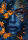 Een digitaal kunstwerk, "aab 017 - exclusives" van CollageDepot, toont het gezicht van een vrouw gedeeltelijk bedekt met donker haar. Haar gezicht is op ingewikkelde wijze versierd met bloempatronen en omgeven door verschillende levendige oranje vlinders, samen met een mix van abstracte, wervelende ontwerpen in blauwe en oranje tinten.-