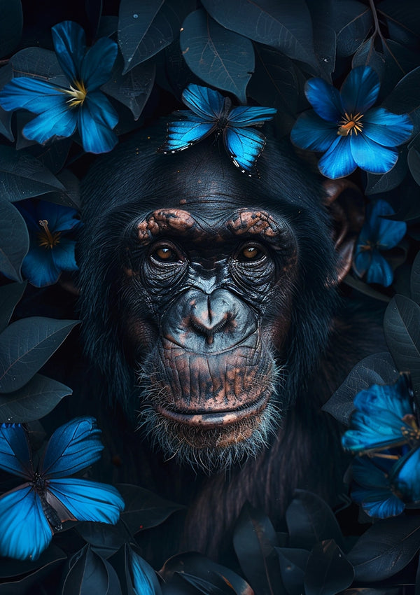 Een chimpansee wordt omringd door blauwe vlinders en donkere bladeren. De chimpansee kijkt rechtstreeks in de camera, met levendig blauwe bloemen en bladeren die een contrasterende achtergrond vormen. Het omgevingslicht zorgt voor een stemmige, serene sfeer in het aab 023 - exclusieve kunstwerk van CollageDepot.-
