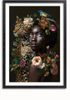 Een ingelijste aaa 101 Exclusive van CollageDepot toont een vrouw met bloemen, een luipaard en een blauwe en oranje vogel geïntegreerd in haar haar en omgeving. De uitdrukking van de vrouw is ernstig, haar huid versierd met kleine bloemen en vlinders tegen een neutrale achtergrond die doet denken aan een bloemenstilleven.,Zwart-Met,Lichtbruin-Met,showOne,Met