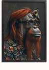 Een ingelijste afbeelding toont een orang-oetan met lang rood haar, een bril en een gebloemd shirt. Een kleine kleurrijke vogel zit op zijn kop. Gezien in profielweergave tegen een donkere achtergrond, straalt de scène charme en eigenzinnigheid uit. De scène is prachtig vastgelegd in CollageDepot's AAA 114 Exclusive.,Zwart-Zonder,Lichtbruin-Zonder,showOne,Zonder