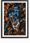 Een ingelijst kunstwerk met de titel "aaa 116 Exclusive" van CollageDepot toont een hand omringd door blauwe bloemen, dennenappels en verschillende kleurrijke vogels tegen een achtergrond van bladeren en bessen. De scène legt een gedetailleerde en harmonieuze mix van natuurelementen vast. Er staat geen productbeschrijving in uw bericht; Geef de tekst op voor gedetailleerde SEO-optimalisatie.,Zwart-Met,Lichtbruin-Met,showOne,Met