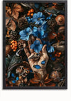 Een ingelijste afbeelding toont een gedetailleerde compositie met een mix van levendige blauwe bloemen, diverse kleine vogels, dennenappels, oranje bessen en herfstbladeren. In het midden bevindt zich een menselijke hand die zachtjes vogels en vlinders vasthoudt, omringd door verschillende natuurlijke elementen in wat een betoverde scène lijkt. Dit stuk staat bekend als de aaa 116 Exclusive van CollageDepot.,Zwart-Zonder,Lichtbruin-Zonder,showOne,Zonder