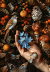 Een hand die blauwe bloemen vasthoudt, wordt omringd door verschillende vogels, vlinders, paddenstoelen en oranje vruchten. De achtergrond is gevuld met bladeren en bessen, waardoor een scène met een natuurthema ontstaat. Het spijt me, maar het lijkt erop dat de beschrijving van aaa 117 Exclusive van CollageDepot ontbreekt.-