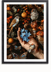 Een ingelijst CollageDepot aaa 117 Exclusief kunstwerk toont een hand die blauwe bloemen vasthoudt, omringd door verschillende vogels, vlinders, paddenstoelen, bessen en bladeren. De achtergrond is donker en benadrukt de levendige kleuren van de elementen. Het lijkt erop dat in de productbeschrijving cruciale details voor SEO-optimalisatie ontbreken.,Zwart-Met,Lichtbruin-Met,showOne,Met