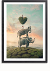 Een ingelijste illustratie toont een olifant die op een met gras begroeide heuvel staat, met een giraffe op zijn rug. Een kind staat op de giraffe en houdt een groot, hartvormig stuk gras boven zijn hoofd tegen een schilderachtige achtergrond van een pastelkleurige lucht. Dit grillige Dromerige Ontmoeting Schilderij van CollageDepot bevat een magnetisch ophangsysteem voor eenvoudige wanddisplay.