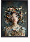 Een ingelijst kunstwerk van CollageDepot, de aaa 124 Exclusive, toont een serene vrouw versierd met bloemen en vlinders. Haar ogen zijn gesloten en vlinders rusten op haar haar, gezicht en jurk. De achtergrond is donker en gedempt, wat de levendige kleuren van de vlinders en bloemen benadrukt. Het spijt me, maar het lijkt erop dat er in de productbeschrijving cruciale SEO-zoekwoorden ontbreken.,Zwart-Zonder,Lichtbruin-Zonder,showOne,Zonder