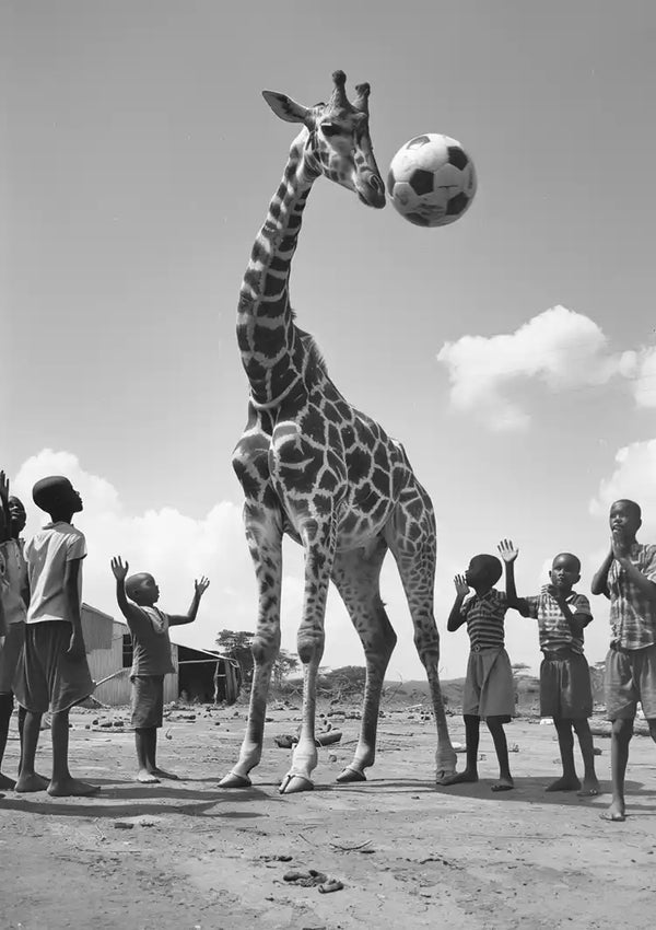 Een zwart-witfoto toont een giraffe die een voetbal lijkt te leiden, terwijl een groep kinderen met opgeheven handen toekijkt. De scène speelt zich buiten af onder een gedeeltelijk bewolkte hemel, maar het lijkt erop dat de beschrijving voor CollageDepot's aaa 129 Exclusive die je wilde delen ontbreekt. Op de achtergrond is een gebouw zichtbaar.-