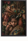 Een ingelijst portret getiteld "aaa 139 Exclusive" van CollageDepot toont een jong kind met gesloten ogen, genesteld tussen levendige bloemen en het intense, kleurrijke verenkleed van een pauw die ernaast rust. De uitgebreide veren van de pauw wikkelen zich sierlijk rond het hoofd van het kind en creëren een betoverend en sereen tafereel.,Zwart-Zonder,Lichtbruin-Zonder,showOne,Zonder