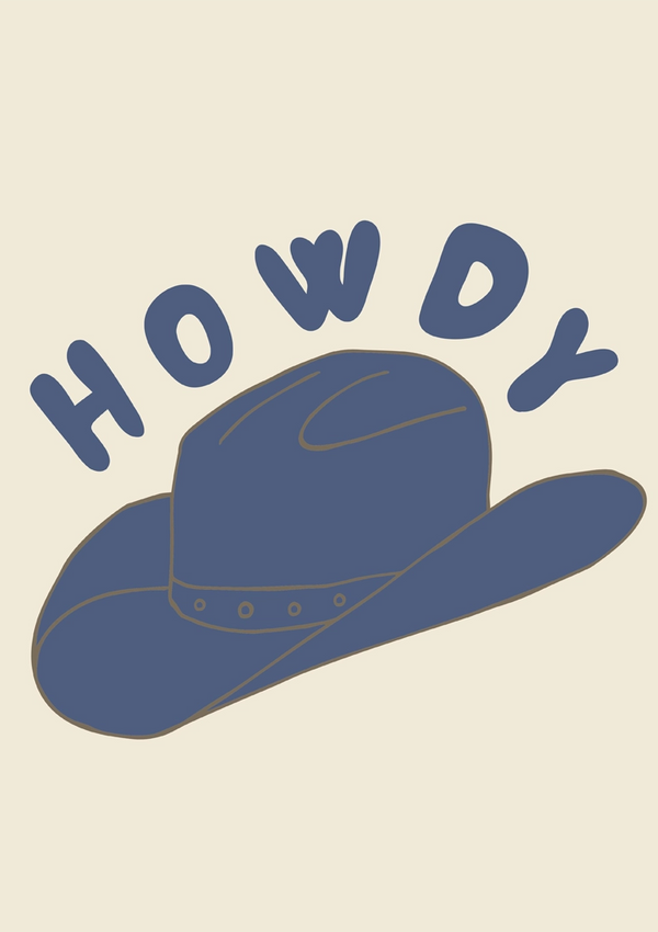 Illustratie van een blauw Cowboyhoed-schilderij met het woord "HOWDY" in vette letters passend bij de contouren van de hoed, tegen een lichtbeige achtergrond als wanddecoratie van CollageDepot.-