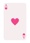 Een afbeelding van een speelkaart van Harten Aas Schilderij, met een groot roze hart in het midden en kleinere hartsymbolen aan de boven- en onderkant, allemaal op een lichtroze achtergrond, bedoeld als wanddecoratie. Merk: CollageDepot.-
