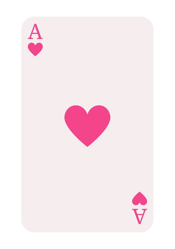 Een afbeelding van een speelkaart van Harten Aas Schilderij, met een groot roze hart in het midden en kleinere hartsymbolen aan de boven- en onderkant, allemaal op een lichtroze achtergrond, bedoeld als wanddecoratie. Merk: CollageDepot.-
