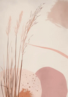 Abstracte kunst met het Abstracte Planten Schilderij van CollageDepot, met delicate tarweachtige planten op de voorgrond en een achtergrond van zachtroze en beige tinten, geaccentueerd door vloeiende lijnen en minimalistische vormen.