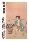 Een vintage Japanse houtsnede met de titel "The Water Vendor" van Suzuki Harunobu, gedateerd 1765. Het beeldt een persoon af die traditionele kledij en een hoed draagt, terwijl hij een juk met emmers water draagt. De achtergrond is een gedempte roze tint en is prachtig ingekapseld in de aaa 029 - japans van CollageDepot.-