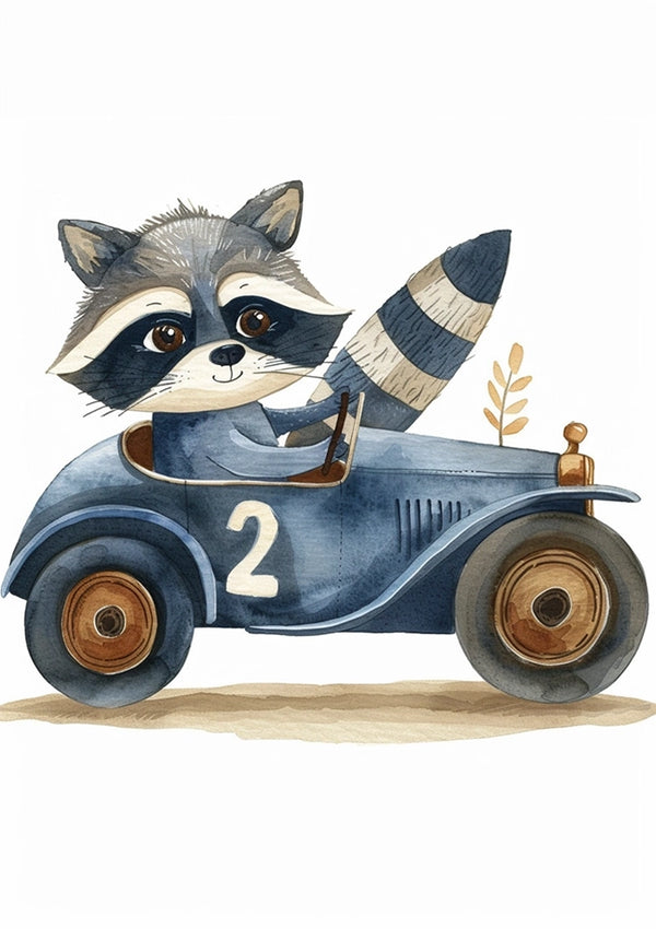 Een aquarelillustratie toont een wasbeer die in een blauwe vintage auto rijdt met het nummer 2 op de zijkant geschilderd. De wasbeer heeft een vrolijke uitdrukking en zwaait. De auto is in een grillige stijl getekend en achter de wasbeer steekt een kleine plant uit. Dit charmante kunstwerk is te vinden als onderdeel van "dcc 031 - kids" van CollageDepot.-