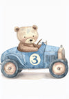Een aquarelillustratie van een bruine teddybeer die een kleine blauwe vintage raceauto bestuurt met het nummer 3 op de zijkant geschilderd. De beer kijkt recht vooruit met zijn poten op het stuur. De achtergrond is wit. Deze charmante scène is getiteld "dcc 028 - kids" door CollageDepot.-