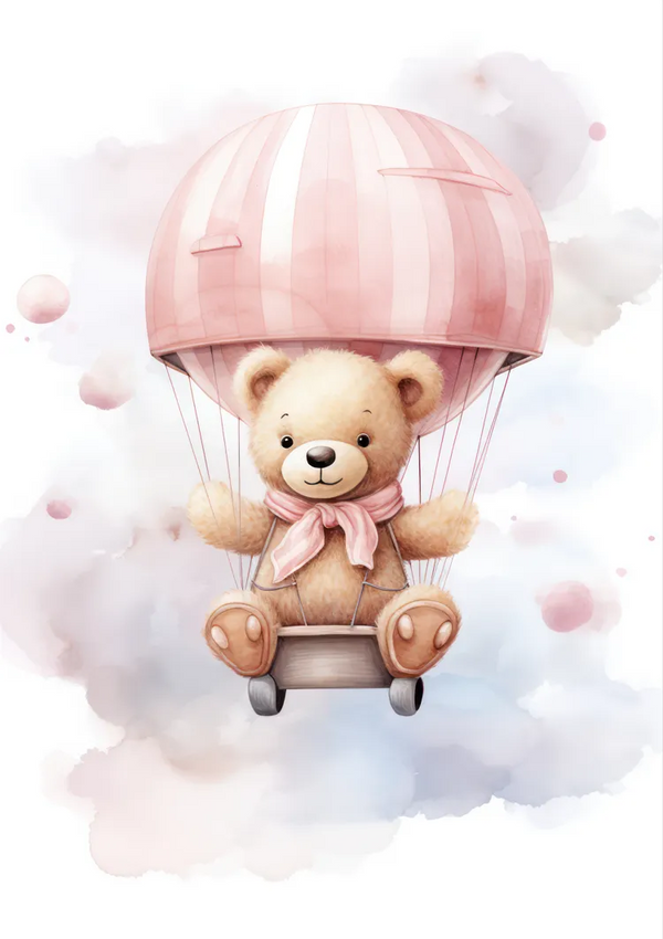 Een dcc 020 - kids van CollageDepot met een roze sjaal zit in een klein mandje, opgehangen aan een grote roze luchtballon. De achtergrond bestaat uit pastelkleurige wolken en belletjes.-