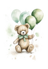 Een aquarelillustratie van een teddybeer die drie groene ballonnen vasthoudt, met een groen lint om zijn nek, gezeten te midden van groene en beige spatten. Dit charmante **CollageDepot Teddybeer Met Groene Ballonnen Schilderij** dient als heerlijke wanddecoratie, eenvoudig tentoon te stellen met behulp van een magnetisch ophangsysteem.-
