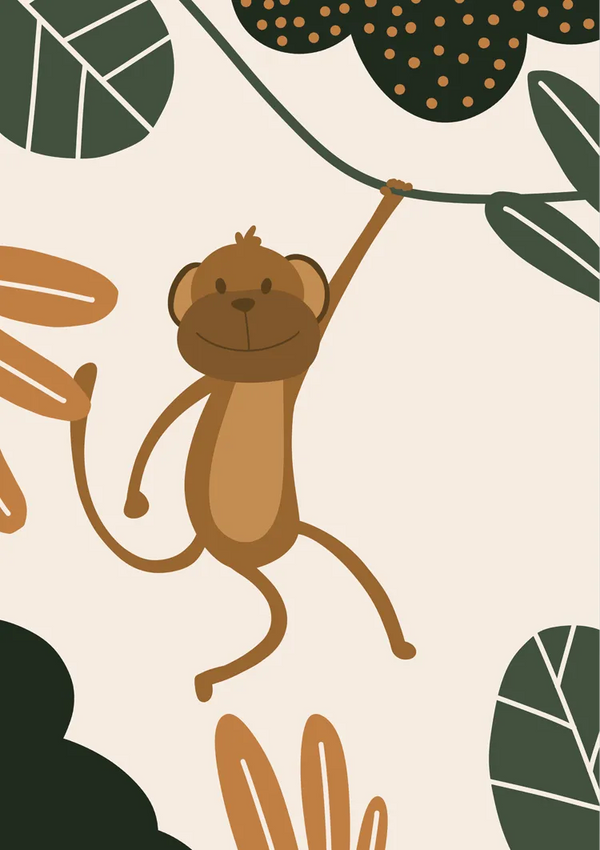 Een illustratie van een lachende cartoonaap die met één arm aan een groene wijnstok hangt. De achtergrond bevat abstracte bladeren en planten in de kleuren groen, oranje en zwart op een beige achtergrond. De aap heeft een lange staart en een bruine vacht staat op de dcc 004 - kids van CollageDepot.-