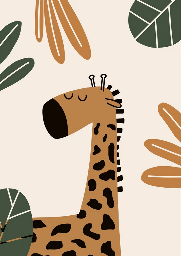 Illustratie van een gestileerde giraffe met een lange nek, gesloten ogen en vlekken. De achtergrond bevat abstracte bruine en groene bladeren. De giraffe heeft een rustige uitdrukking en het algehele kleurenpalet is aards. Dit product heet dcc 003 - kids van CollageDepot.-